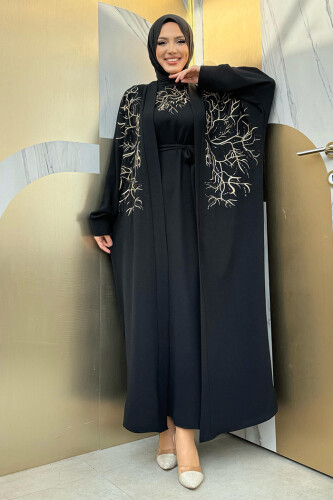 İşleme Detaylı Abaya ve Elbise Takım 8486 Siyah - Bym Fashion