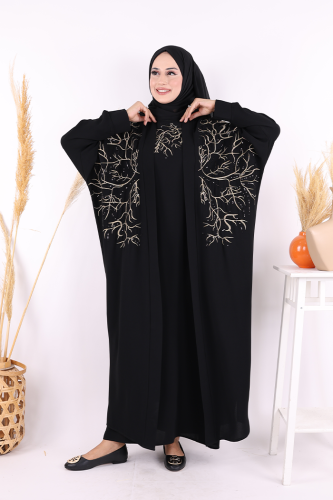 İşleme Detaylı Abaya ve Elbise Takım 8486 Siyah - 5