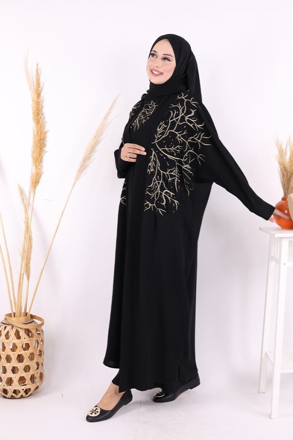 İşleme Detaylı Abaya ve Elbise Takım 8486 Siyah - 6