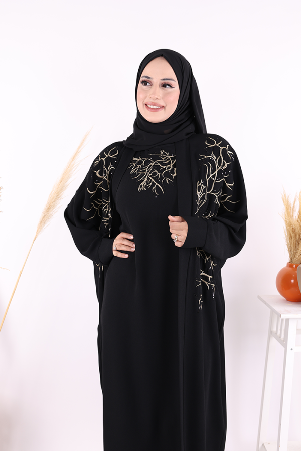 İşleme Detaylı Abaya ve Elbise Takım 8486 Siyah - 8