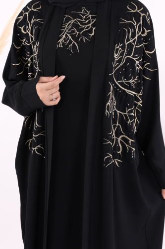 İşleme Detaylı Abaya ve Elbise Takım 8486 Siyah - 9
