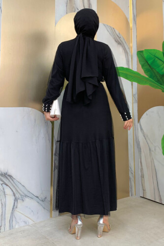 İnci Detaylı Tül Abaya Elbiseli Takım 8488 Siyah - 2