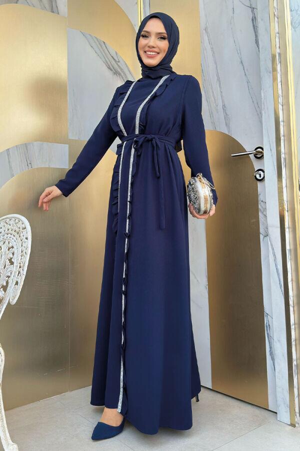 Boydan Fırfırlı Yelekli Elbise Takım 8489 Lacivert - 3