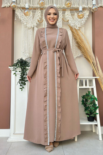 Boydan Fırfırlı Yelekli Elbise Takım 8489 Vizon - Bym Fashion