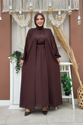 Bel Bilek Kısımları Taşlı Elbiseli Abaya Takım 8490 Kahverengi - 2