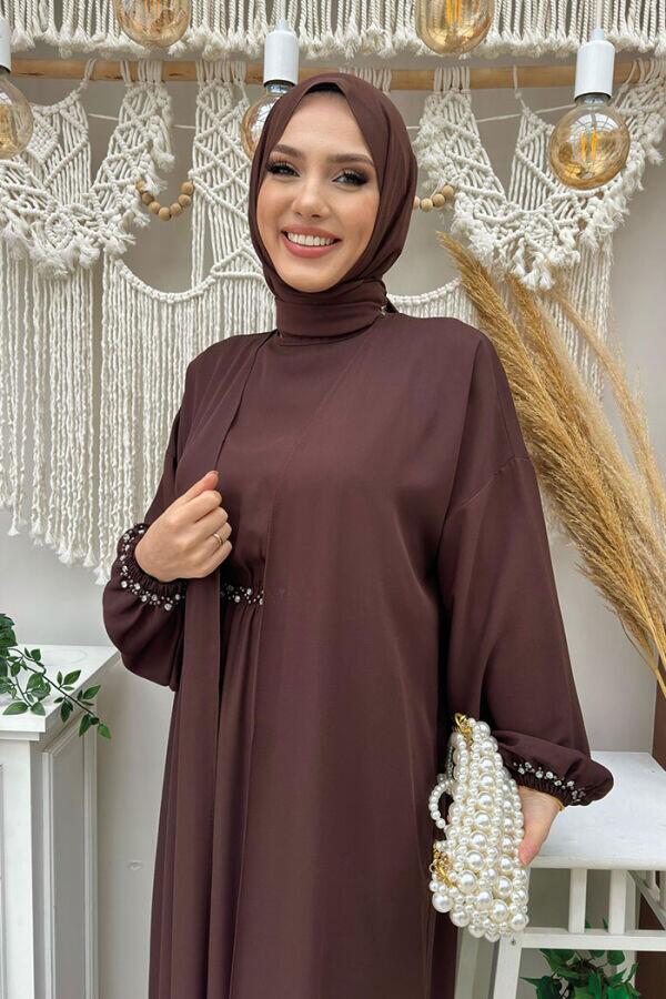 Bel Bilek Kısımları Taşlı Elbiseli Abaya Takım 8490 Kahverengi - 4