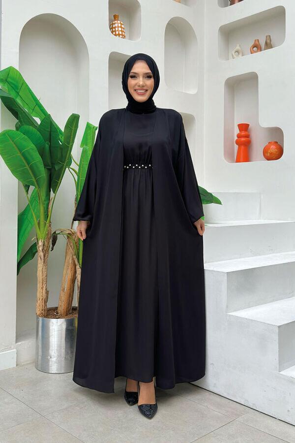 Bel Bilek Kısımları Taşlı Elbiseli Abaya Takım 8490 Siyah - 1