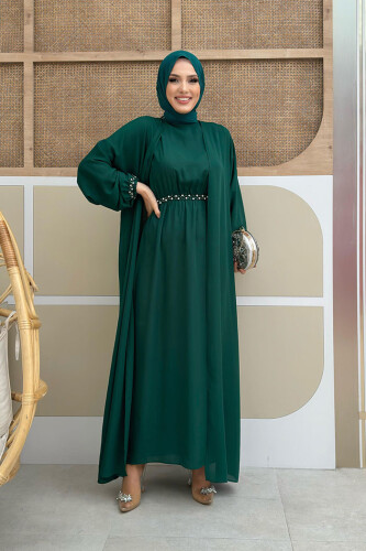 Bel Bilek Kısımları Taşlı Elbiseli Abaya Takım 8490 Zümrüt - Bym Fashion (1)