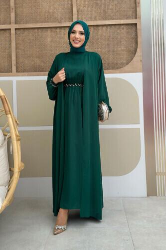 Bel Bilek Kısımları Taşlı Elbiseli Abaya Takım 8490 Zümrüt - 1