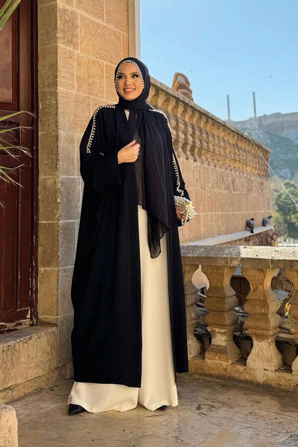 İnci İşleme Detaylı Abaya Takım 8492 Siyah - 1