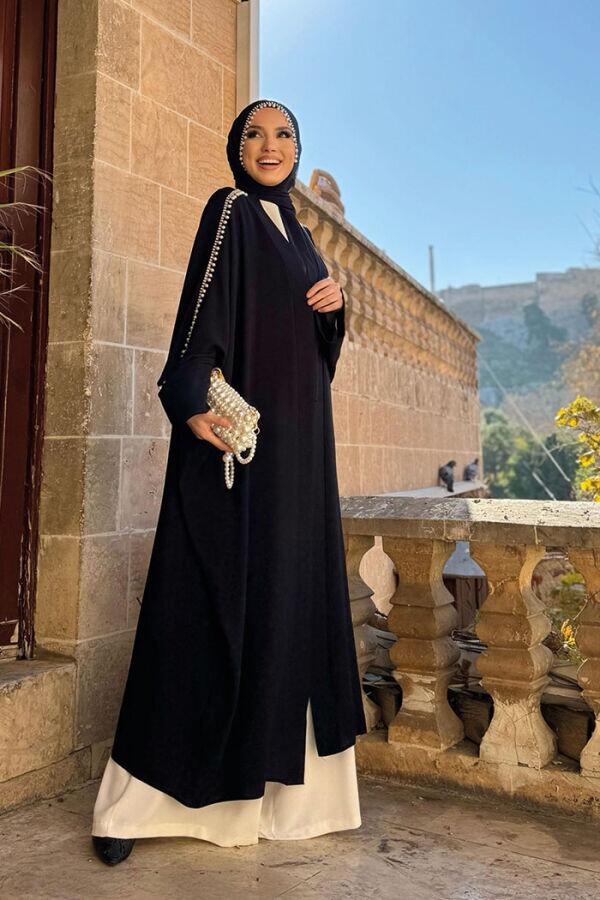 İnci İşleme Detaylı Abaya Takım 8492 Siyah - 3