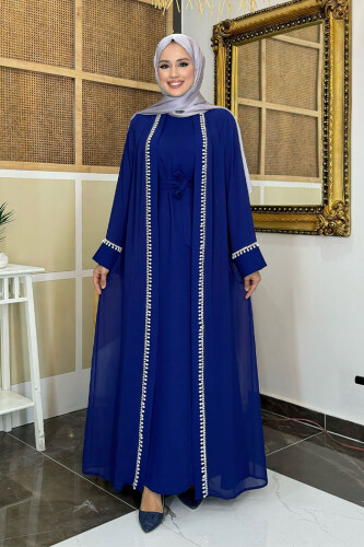 İnci Detaylı Abaya Elbise Takım 8493 Lacivert - 5