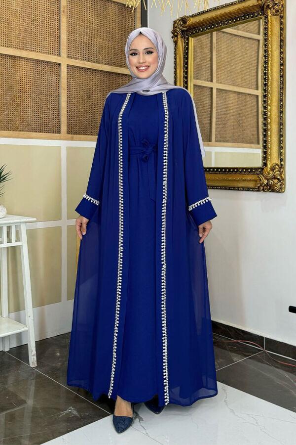 İnci Detaylı Abaya Elbise Takım 8493 Lacivert - 5