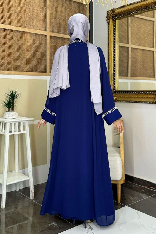 İnci Detaylı Abaya Elbise Takım 8493 Lacivert - 6
