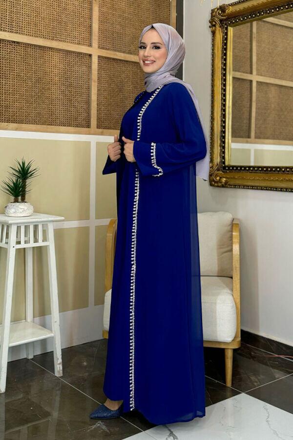 İnci Detaylı Abaya Elbise Takım 8493 Lacivert - 7