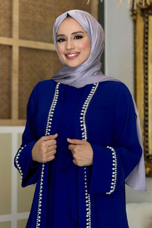 İnci Detaylı Abaya Elbise Takım 8493 Lacivert - 8