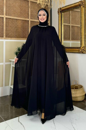 Püsküllü Yakası Taş Detaylı Abayalı Elbise Takım 8494 Siyah - Bym Fashion