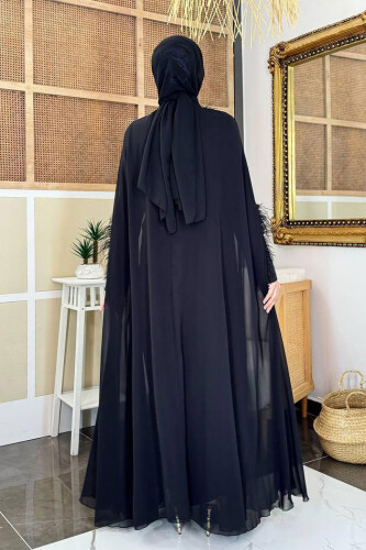 Püsküllü Yakası Taş Detaylı Abayalı Elbise Takım 8494 Siyah - 6