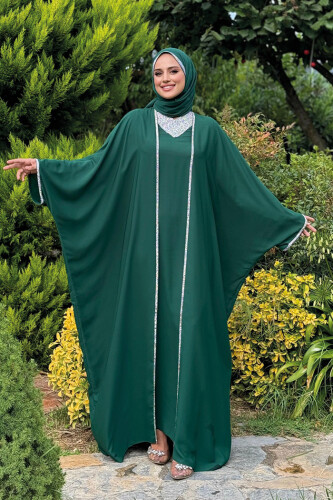 Taş İşleme Detay Elbiseli Pelerin Takım 8496 Zümrüt - Bym Fashion (1)