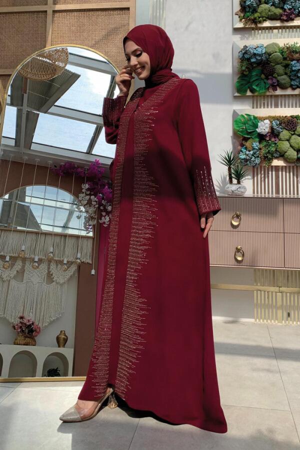 Pul İşlemeli Yelekli Elbise Takım 8498 Bordo - 3
