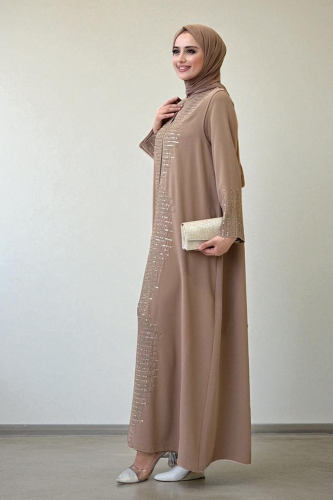 Pul İşlemeli Yelekli Elbise Takım 8498 Vizon - Bym Fashion