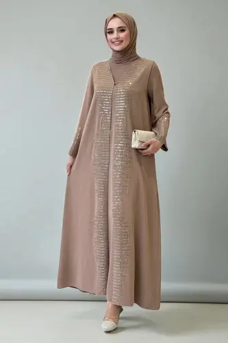 Pul İşlemeli Yelekli Elbise Takım 8498 Vizon - Bym Fashion (1)