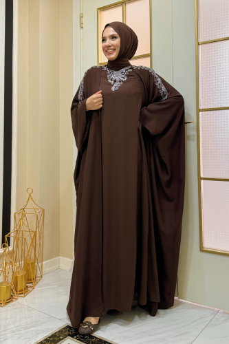 Taş İşlemeli Elbiseli Abaya Takım 8499 Kahverengi - Bym Fashion