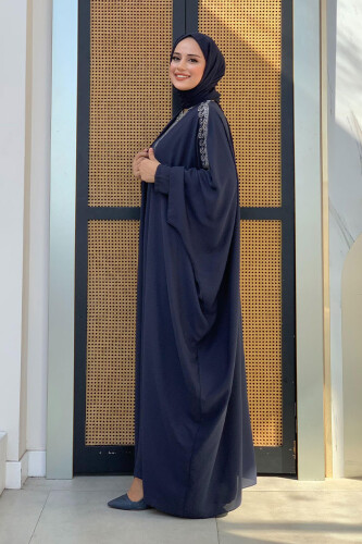 Taş İşlemeli Elbiseli Abaya Takım 8499 Lacivert - Bym Fashion (1)