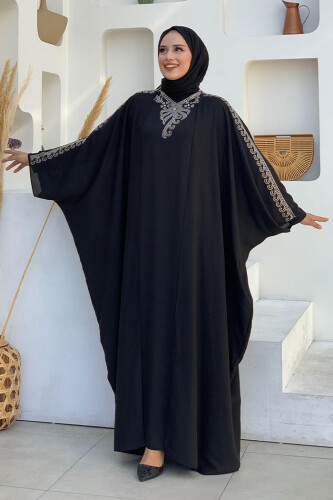 Taş İşlemeli Elbiseli Abaya Takım 8499 Siyah - Bym Fashion