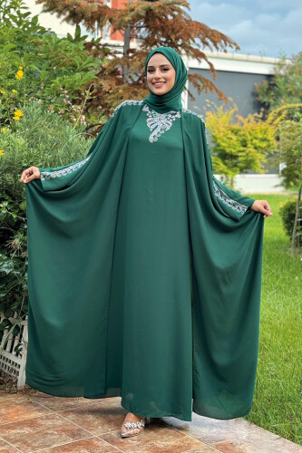 Taş İşlemeli Elbiseli Abaya Takım 8499 Zümrüt - Bym Fashion (1)