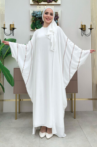Taş İşleme Detaylı Abayalı Elbise Takım 8500 Ekru - 1