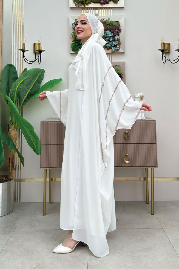 Taş İşleme Detaylı Abayalı Elbise Takım 8500 Ekru - 3
