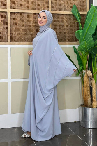 Taş İşleme Detaylı Abayalı Elbise Takım 8500 Gri - Bym Fashion (1)