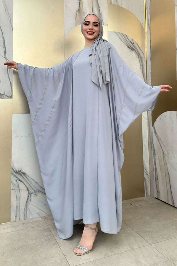 Taş İşleme Detaylı Abayalı Elbise Takım 8500 Gri - 3