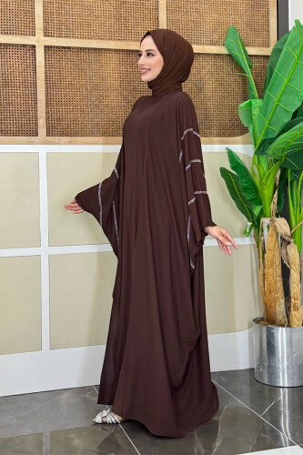 Taş İşleme Detaylı Abayalı Elbise Takım 8500 Kahverengi - Bym Fashion (1)