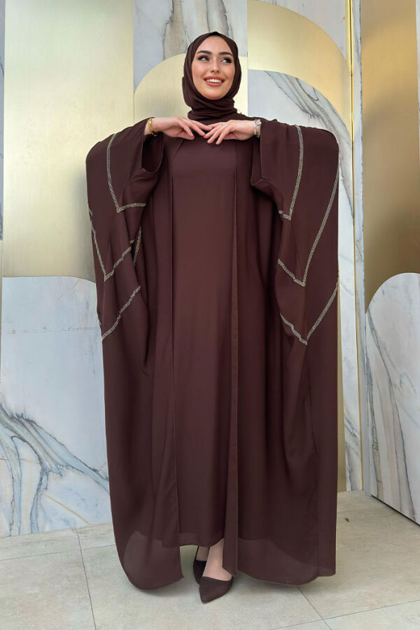 Taş İşleme Detaylı Abayalı Elbise Takım 8500 Kahverengi - 1