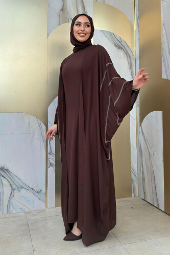 Taş İşleme Detaylı Abayalı Elbise Takım 8500 Kahverengi - 3