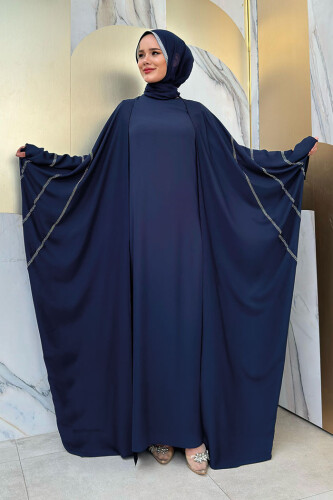 Taş İşleme Detaylı Abayalı Elbise Takım 8500 Lacivert - 1