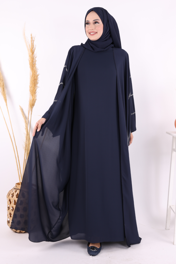 Taş İşleme Detaylı Abayalı Elbise Takım 8500 Lacivert - 5