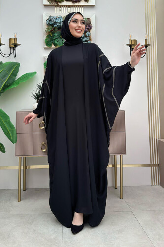 Taş İşleme Detaylı Abayalı Elbise Takım 8500 Siyah - 1