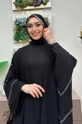 Taş İşleme Detaylı Abayalı Elbise Takım 8500 Siyah - 4