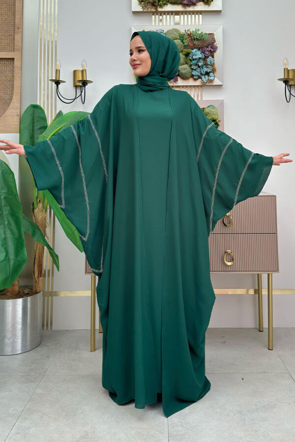 Taş İşleme Detaylı Abayalı Elbise Takım 8500 Zümrüt - 1