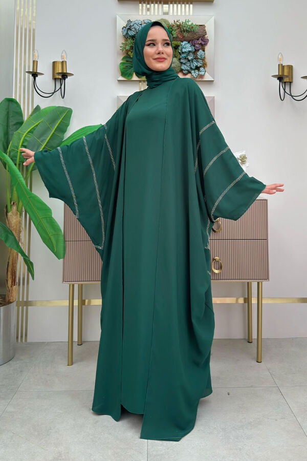Taş İşleme Detaylı Abayalı Elbise Takım 8500 Zümrüt - 3
