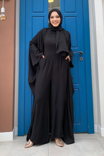 Şalıyla Birlikte Tulum ve Abaya İkili Takım 8519 Siyah - 3