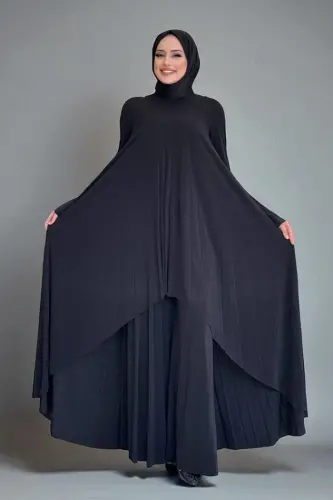 Pilise Detaylı Uzun Tunik ve Pantolon İkili Takım 8575 Siyah - 1