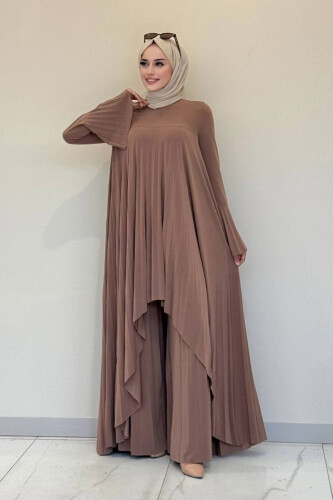 Pilise Detaylı Uzun Tunik ve Pantolon İkili Takım 8575 Taba - 1