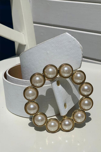 حزام من اللؤلؤ السميك 9010 بيج فاتح - Bym Fashion