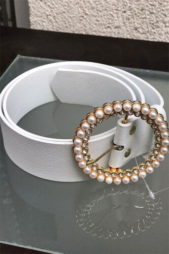 9029 Triangle Belt Ecru with Pearls - Bym Fashion