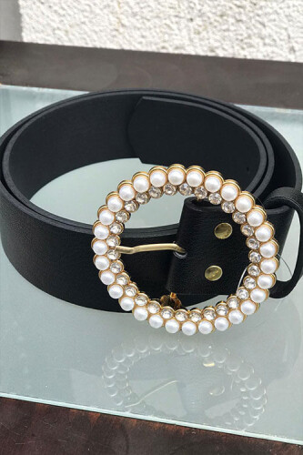 9029 Triangle Belt With Pearls Black - Bym Fashion