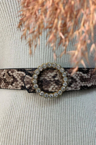 9031 Snakeskin Stone Belt Brown - Bym Fashion